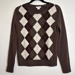 Tweeds Womens 100% Cashmere Argyle Crew Neck Sweater Brown Tan Medium M